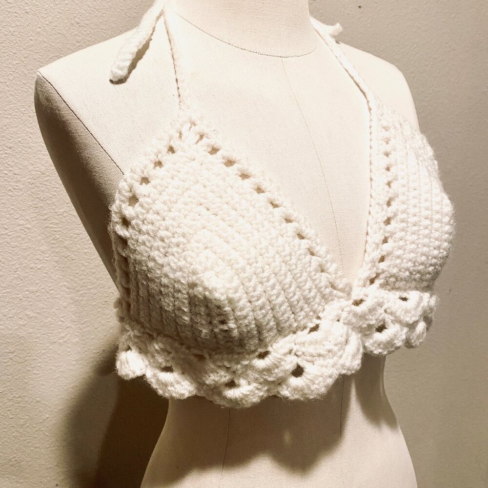 Handmade Crochet Bikini Top 70's Boho Style, Scalloped Edge, Custom Fit